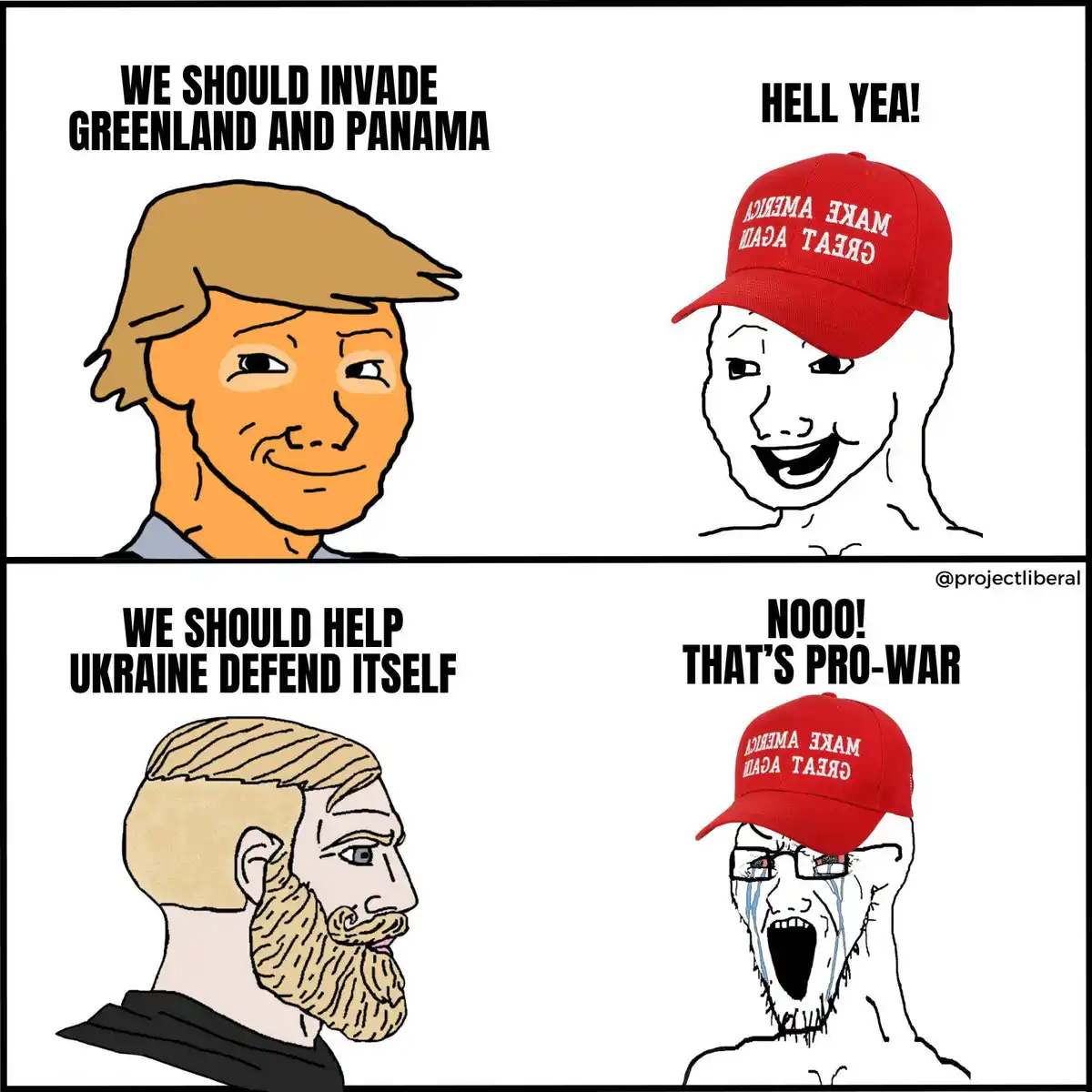 The meme features two panels. Top: A cartoon of Donald Trump proposes invading Greenland and Panama, and a 'make america…