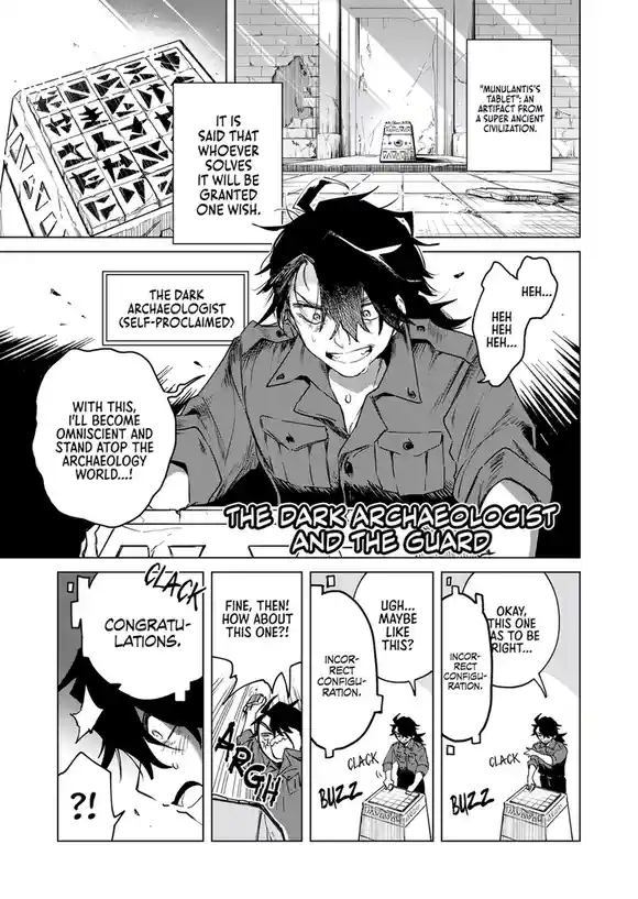 A manga panel shows a character, labeled 'THE DARK ARCHAEOLOGIST (SELF-PROCLAIMED)', confidently attempting to solve…