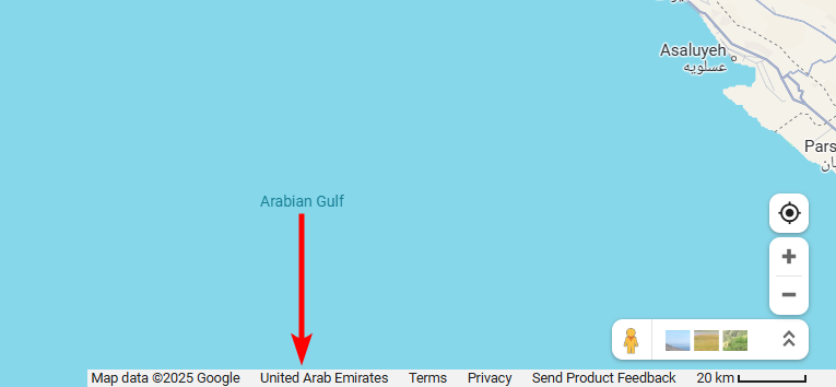 A Google Maps screenshot showing the Arabian Gulf with a large red arrow pointing downward to the label 'United Arab…
