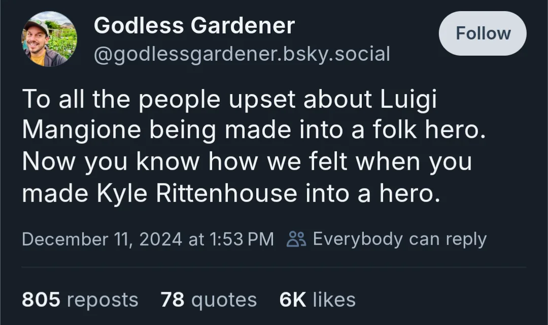 A screenshot of a social media post from 'Godless Gardener' on a dark-themed platform, showing a text message that reads…