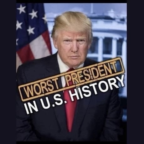A photo of Donald Trump in a dark suit and red tie, standing in front of an American flag and the White House, with a stern…