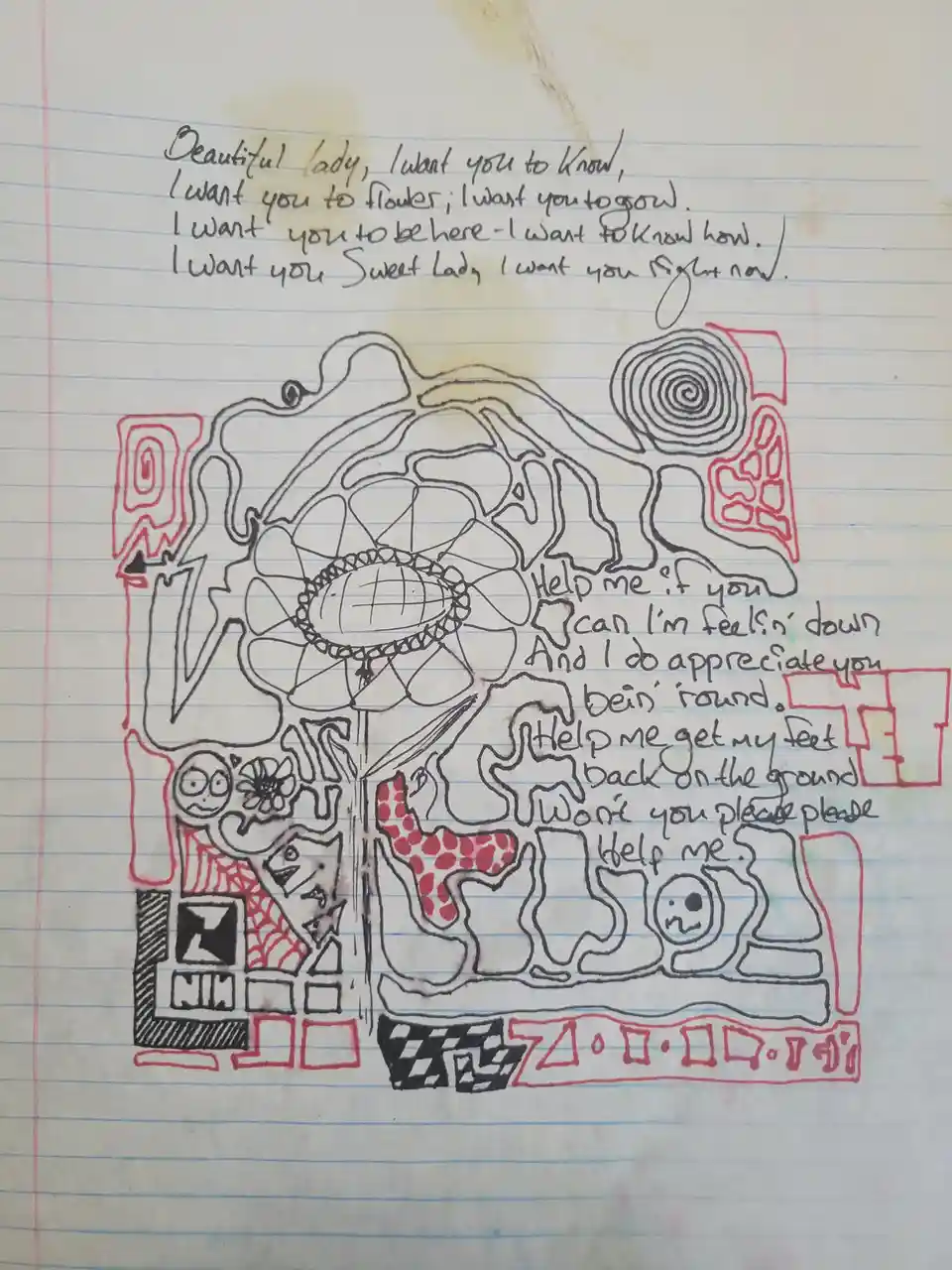 A hand-drawn doodle on lined notebook paper features abstract shapes, a large flower, and small cartoon faces, with…