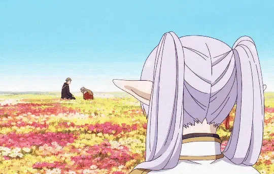 The image is a split-screen anime scene showing a character with silver pigtails from behind, initially looking at a distant…