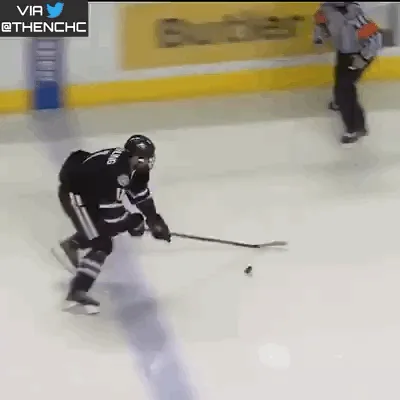 A six-panel hockey game sequence shows a black-jerseyed player skating with the puck, approaching the goal, and then…