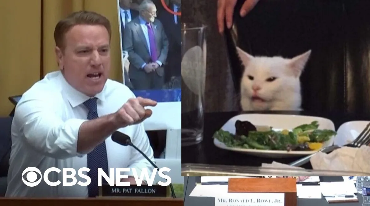The image is a split-screen meme. On the left, a man in a white shirt and tie, identified by a CBS News watermark and…