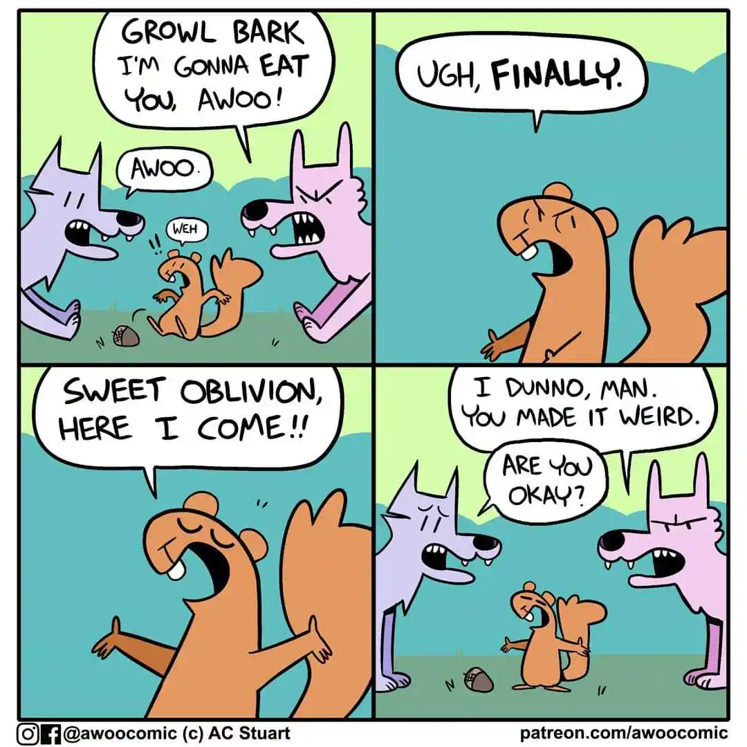A four-panel comic strip from 'Awoo Comic' shows two wolves threatening a squirrel with 'GROWL BARK I'M GONNA EAT YOU…