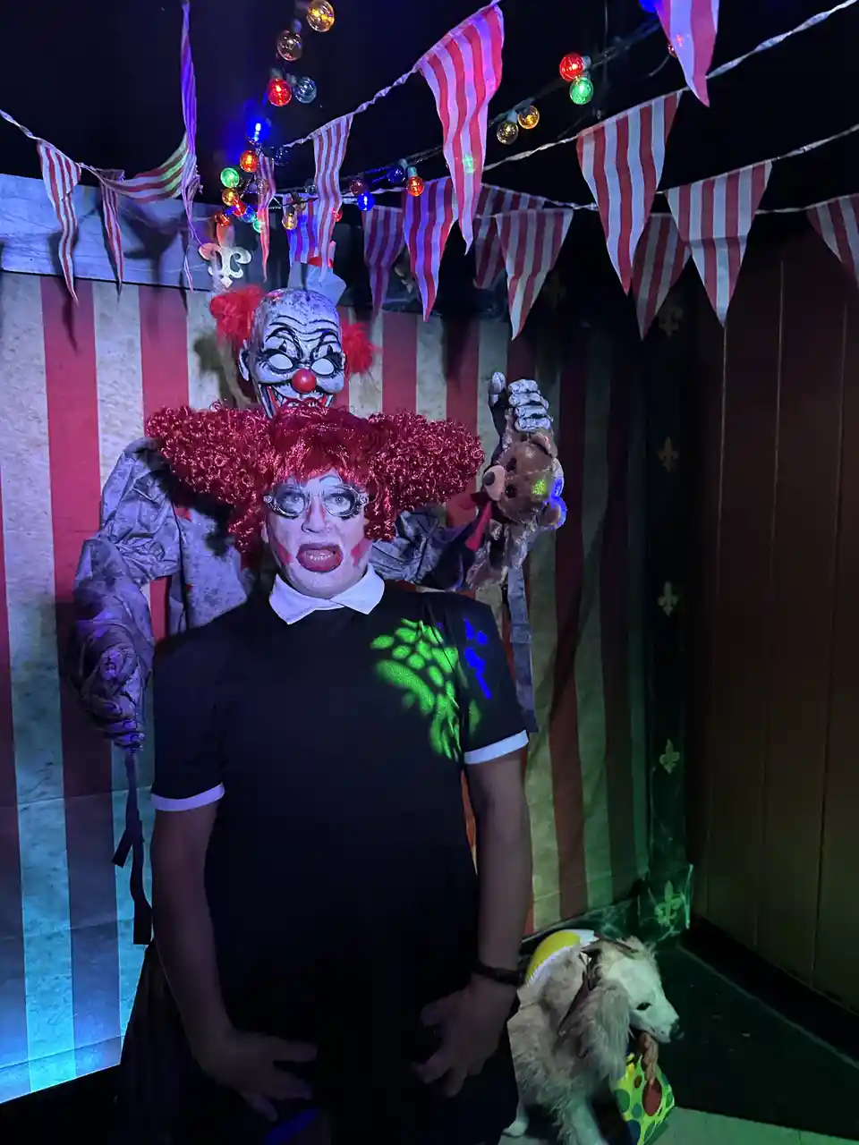 A person in a black dress and red curly wig stands in front of a red-and-white striped circus backdrop with festive lights…
