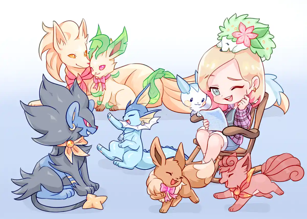 A cheerful anime-style girl sits in a rocking chair surrounded by various Pokémon, including Eevee evolutions and other…