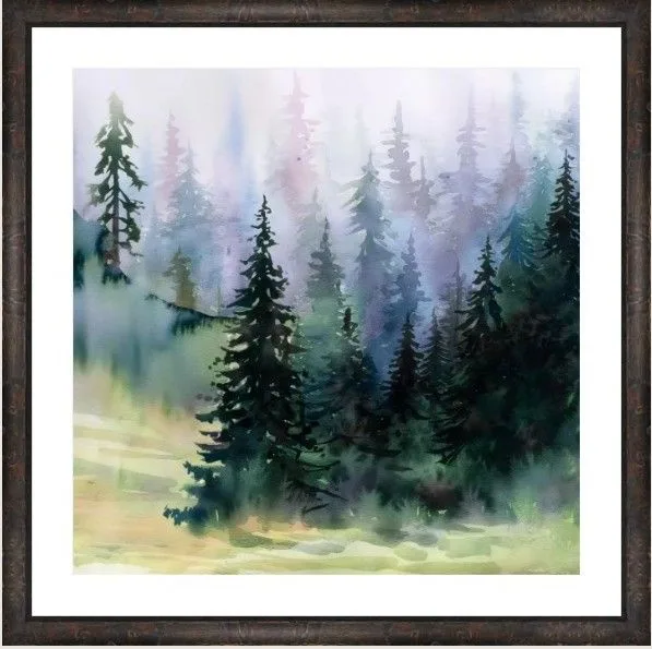 A framed watercolor painting of a misty forest with tall pine trees, rendered in soft greens, purples, and yellows. Overlaid…