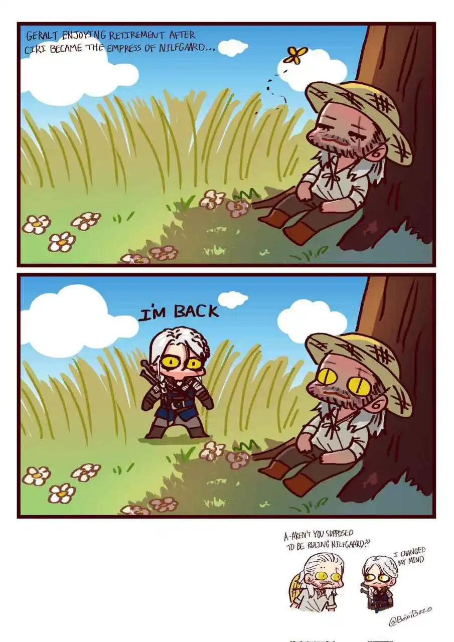 A two-panel comic shows Geralt of Rivia relaxing in retirement under a tree, with text stating he's enjoying peace after…