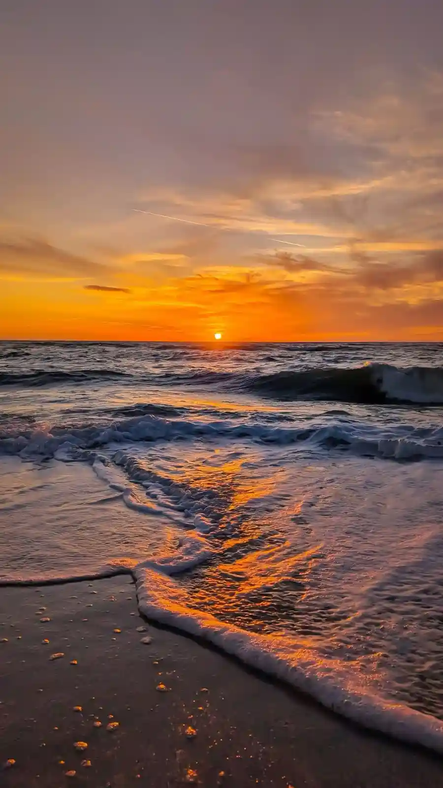 A serene beach sunset with orange and purple skies, waves rolling onto dark sand, and the sun low on the horizon. Overlaid…