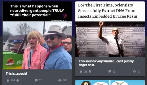 The image displays two side-by-side memes. The left shows a scene from Jurassic Park with characters looking shocked…