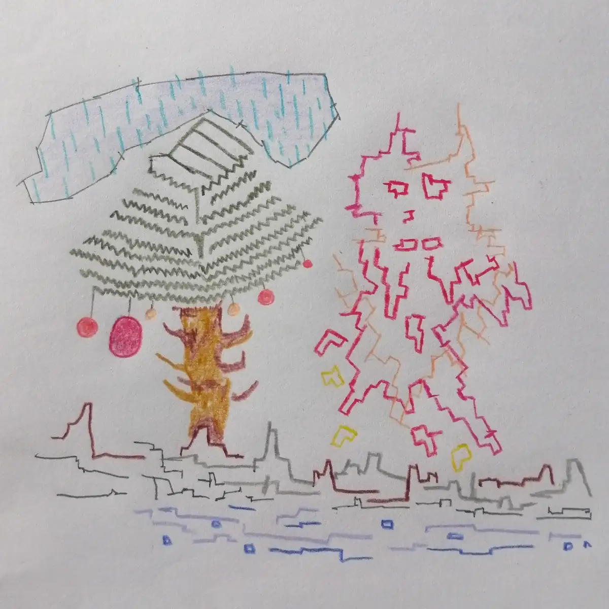 A child's crayon drawing depicts a tree with a house on top, raining over it, while a chaotic explosion of red and orange…