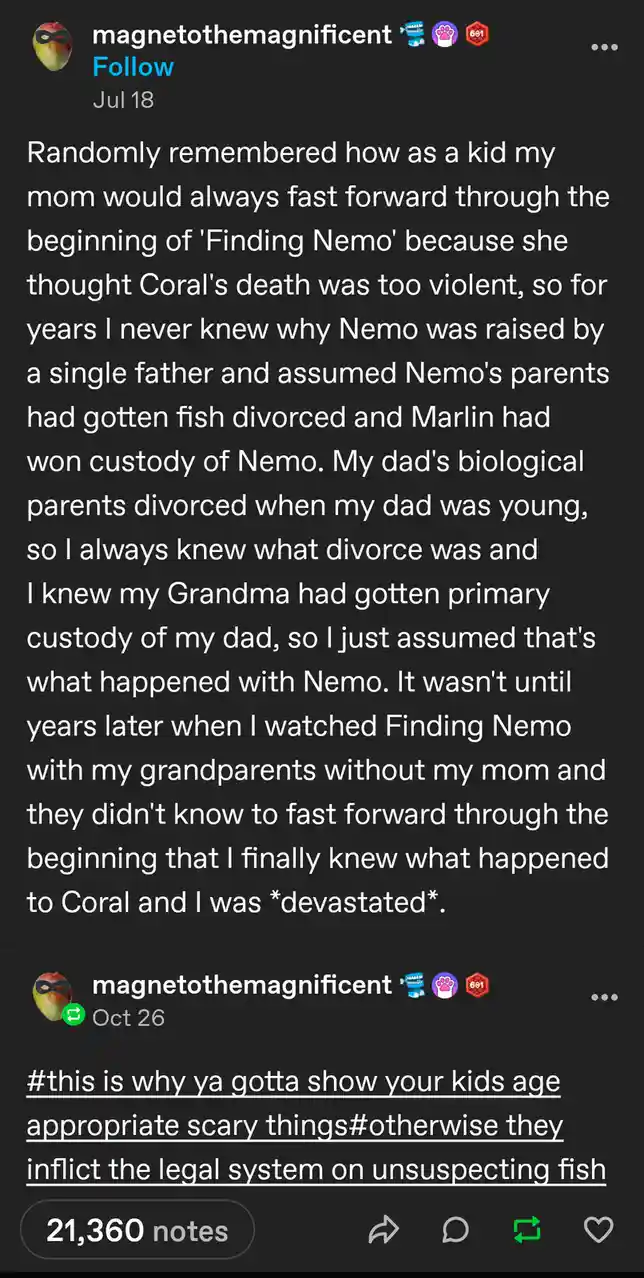 The image shows a social media post with a long text story about a person's childhood memory of their mother fast-forwarding…