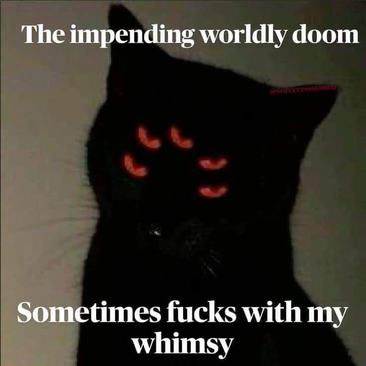 A black cat with glowing red eyes stares intensely at the viewer, overlaid with white text reading 'The impending worldly…