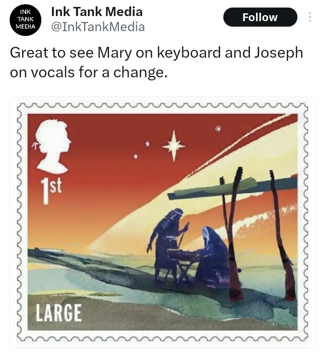The image is a British postage stamp depicting the nativity scene with Mary and Joseph. Joseph is shown standing and playing…