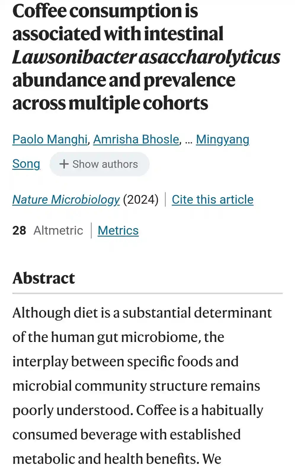 The image displays a screenshot of a scientific article from Nature Microbiology (2024) with a headline stating 'Coffee…