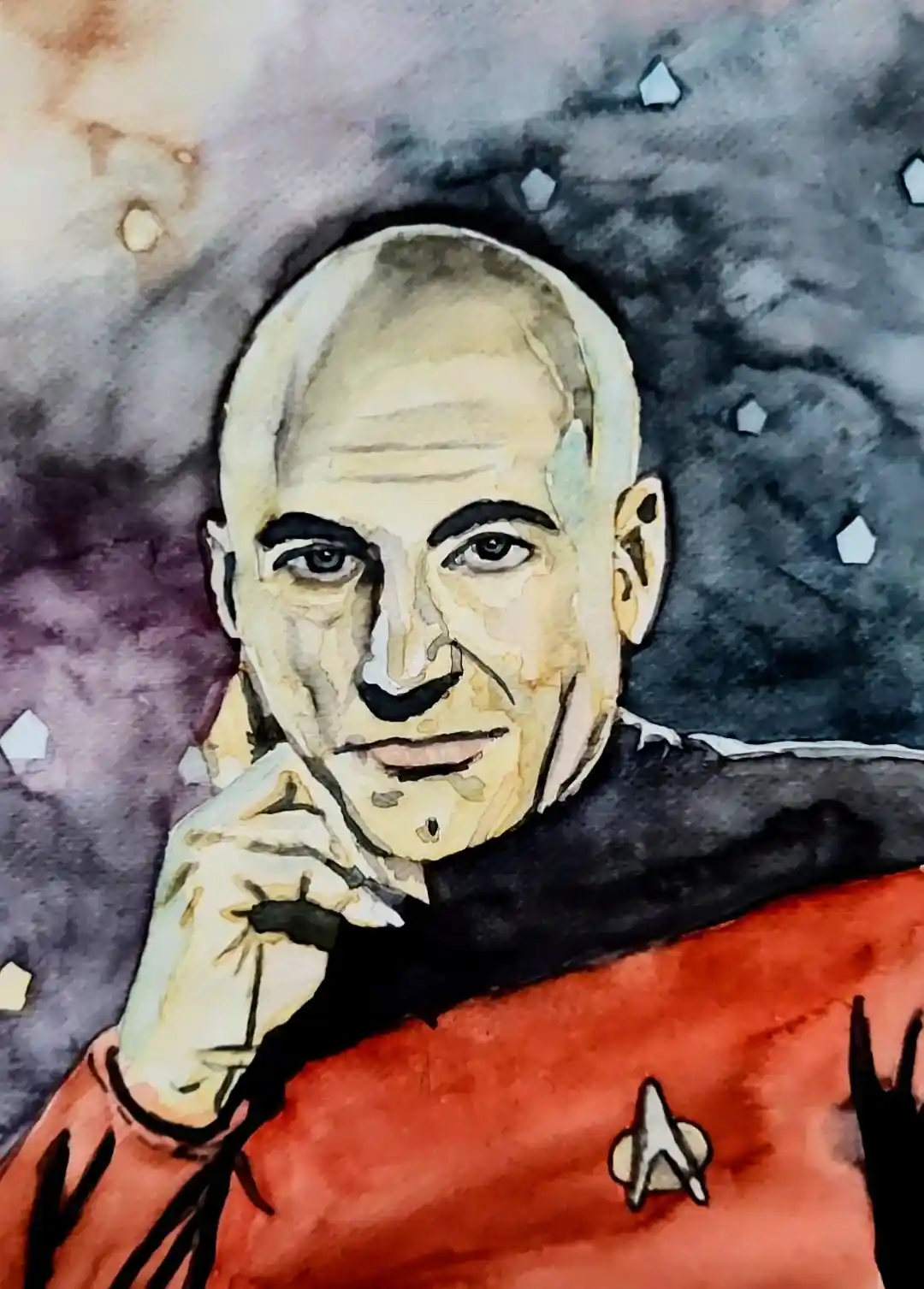 A watercolor portrait of Captain Jean-Luc Picard from Star Trek, wearing his red command uniform with the Starfleet…