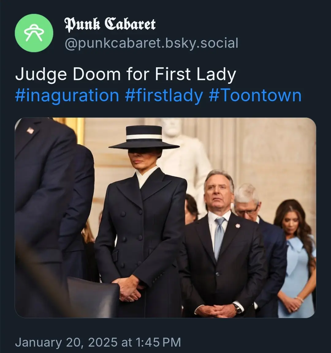 A screenshot of a social media post from 'Punk Cabaret' showing a photo of a woman in a dark coat and wide-brimmed hat…