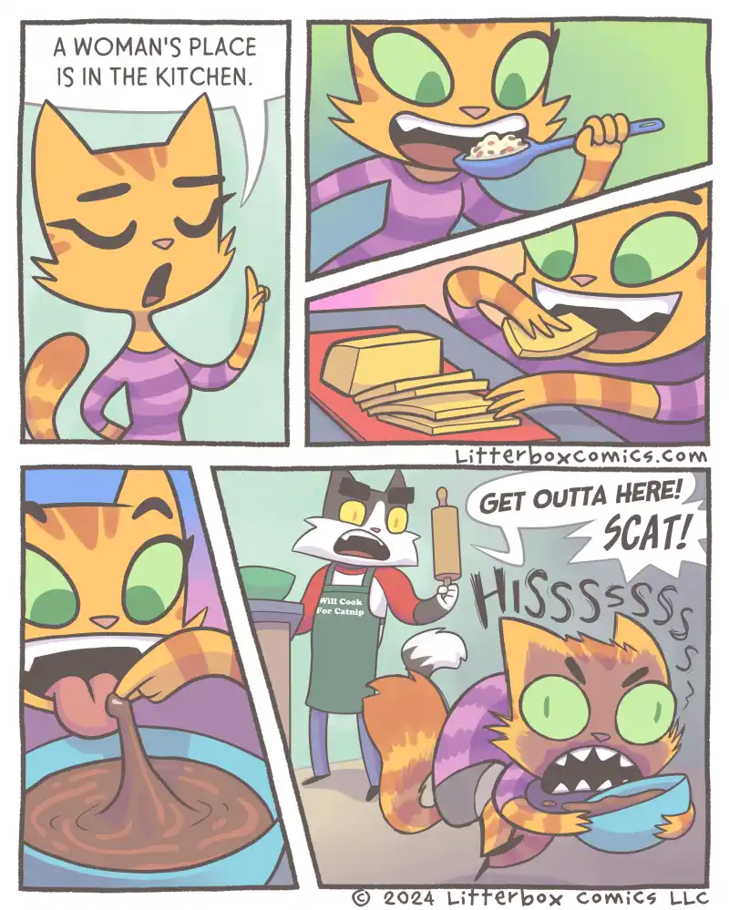A comic strip featuring an orange cat enthusiastically cooking, starting with a speech bubble saying 'A WOMAN'S PLACE IS IN…