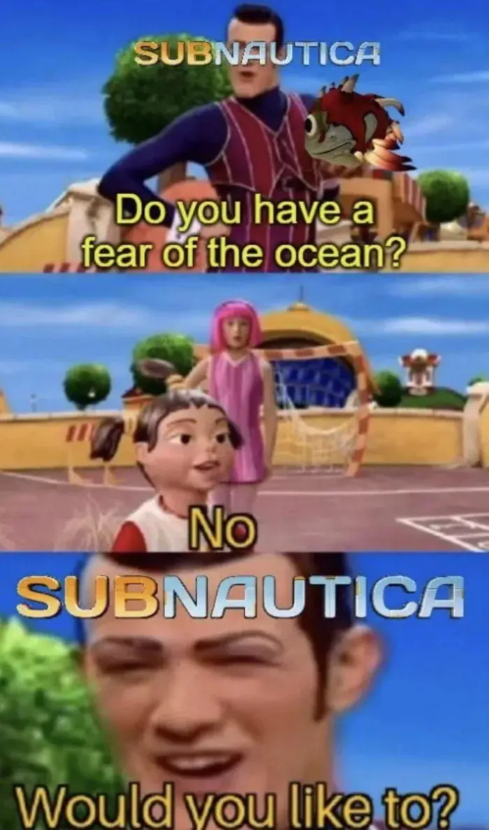 A three-panel meme using scenes from the children's show 'The Magic School Bus' and the video game 'Subnautica'. The top…