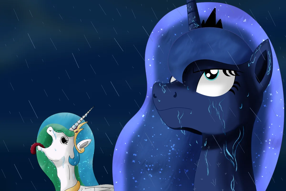 Two cartoon ponies are shown crying in the rain; a small white pony with green hair and a red tongue sticking out is on the…