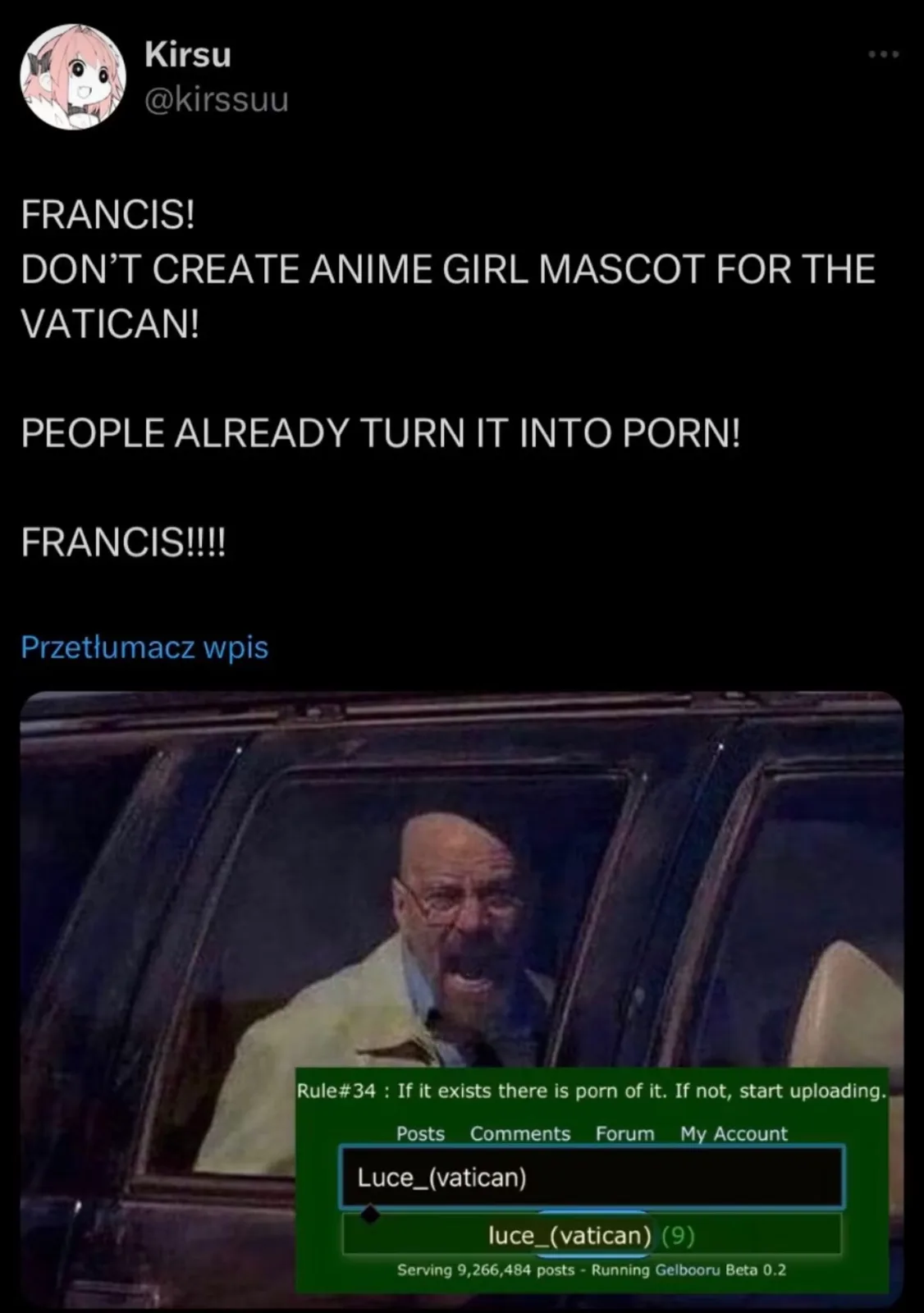 The image shows a screenshot of a Twitter post by user Kirsu, which includes overlaid text warning Pope Francis not to…
