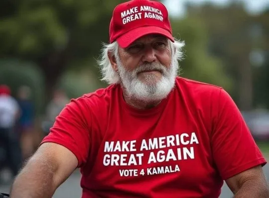 A man with a white beard wears a red 'MAKE AMERICA GREAT AGAIN' cap and a matching red t-shirt that says 'MAKE AMERICA GREAT…