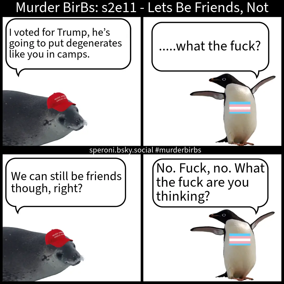 A four-panel comic strip featuring a seal wearing a red 'Make America Great Again' cap and a penguin with a transgender flag…