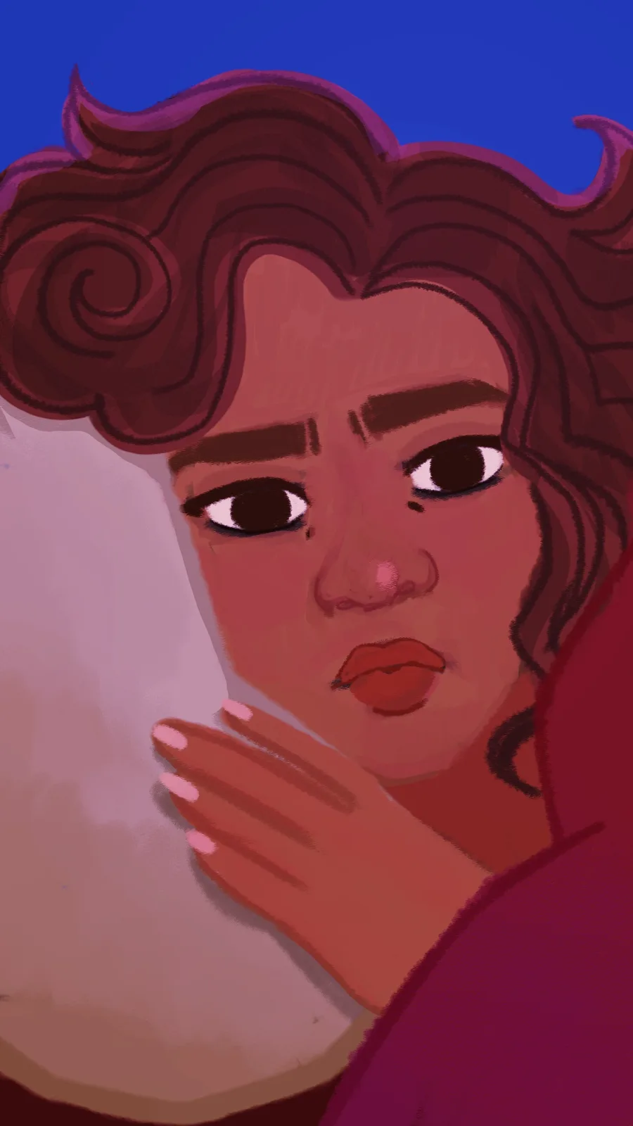 A stylized digital illustration shows a person with dark curly hair and a somber expression, their hand pressed against…