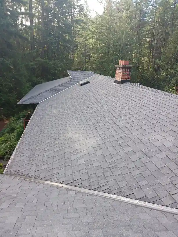 An aerial view of a house roof covered in gray asphalt shingles, featuring a brick chimney and a small vent, surrounded by a…