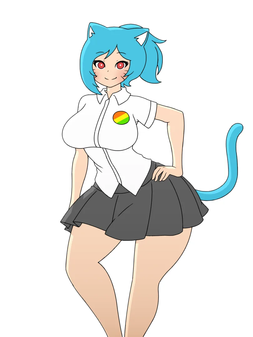 An anime-style blue-haired cat girl with red eyes, wearing a white school uniform shirt and grey skirt, has a rainbow flag…