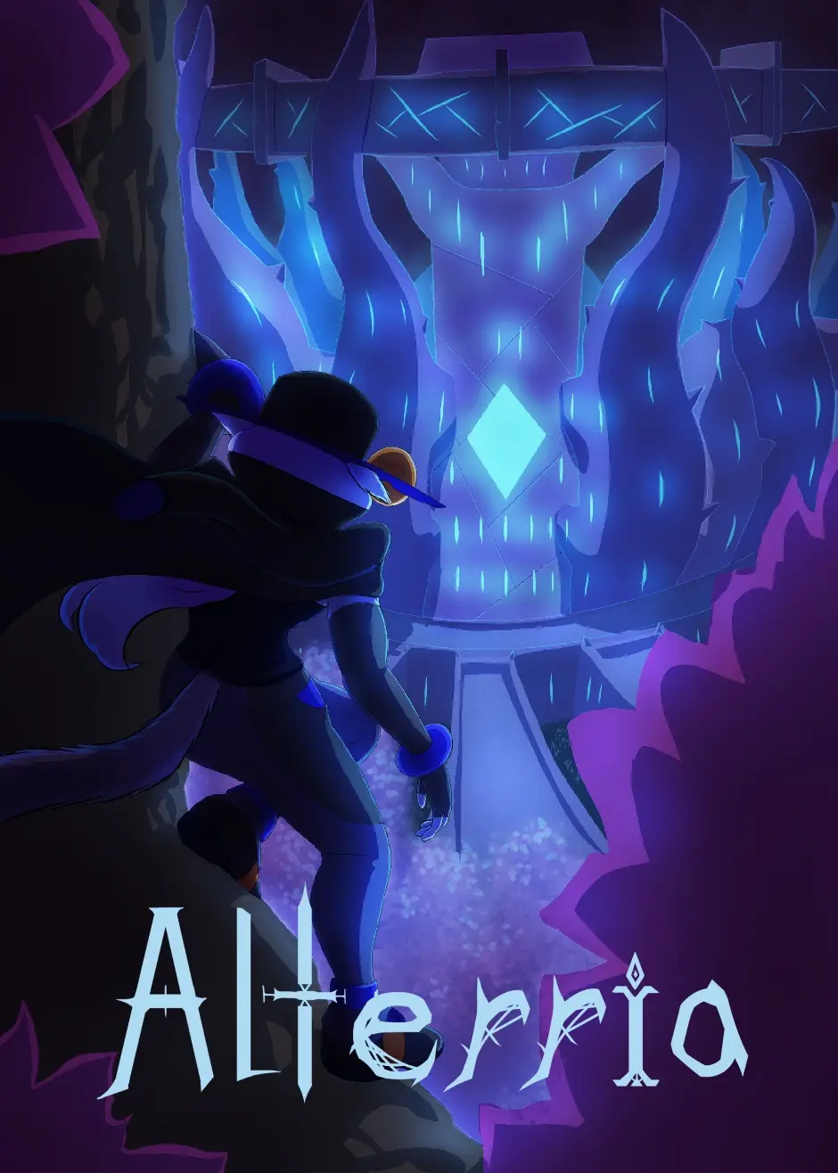 A stylized animated character in a dark outfit and wide-brimmed hat stands before a glowing blue, crystalline, gothic-style…