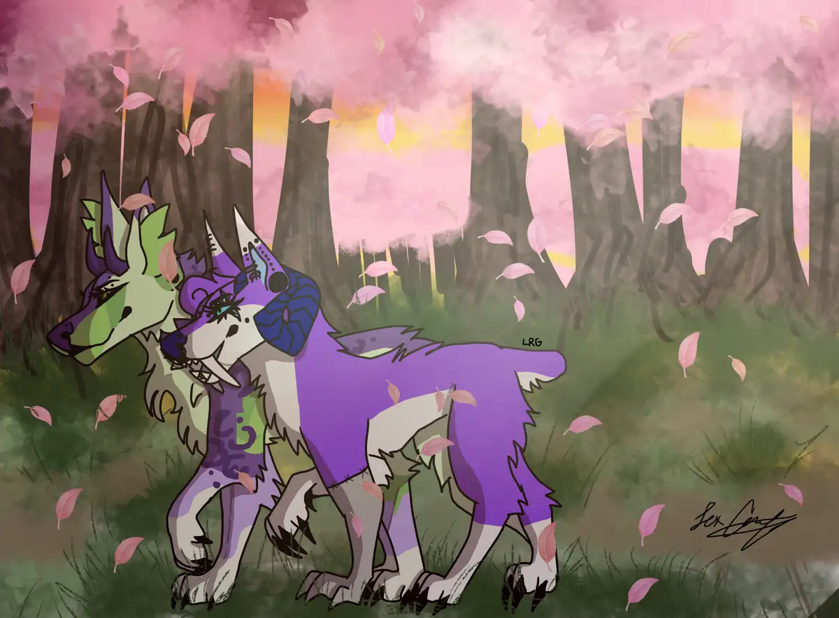 Two anthropomorphic wolves stand in a pink-hued forest with falling leaves; one has a human-like face and the other has a…