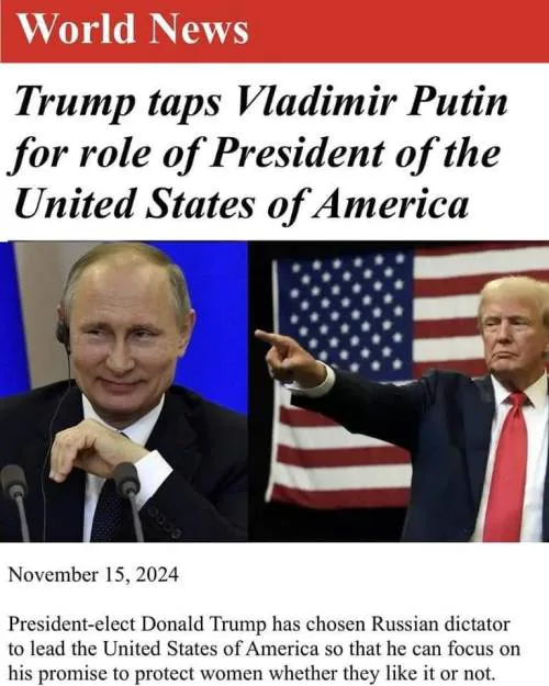 The image mimics a fake news article with a red 'World News' banner. It shows Vladimir Putin on the left and Donald Trump on…