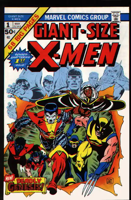 This is the cover of the first issue of 'Giant-Size X-Men' #1, published by Marvel Comics Group in May 1975. It features the…