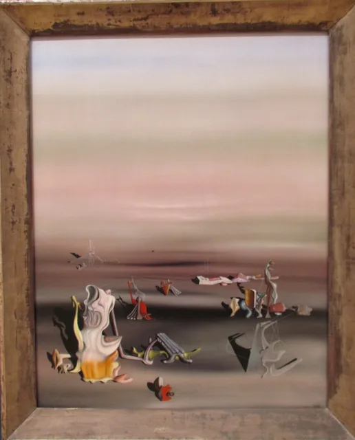 A framed surrealist painting depicts abstract, melting, and fragmented humanoid figures scattered across a barren…