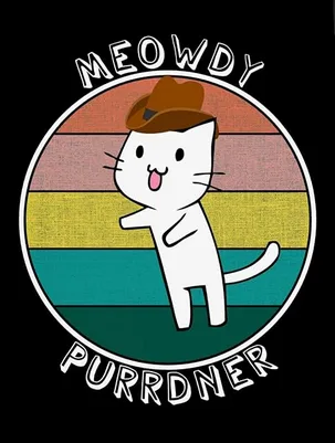A cartoon white cat wearing a brown cowboy hat stands in a circular frame with a vintage-style rainbow gradient background…