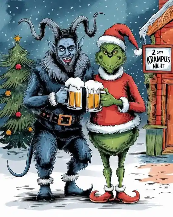 Two cartoon characters, Krampus with horns and a furry suit, and the Grinch in a Santa hat and red suit, stand in a snowy…