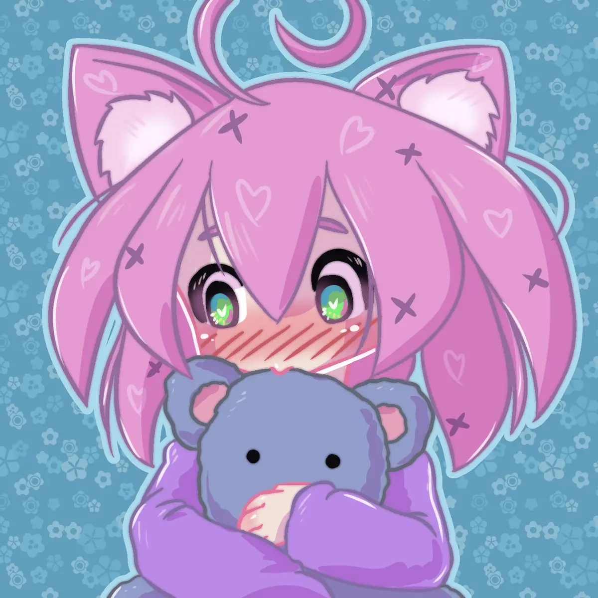 A chibi-style anime girl with pink hair, cat ears, and a crescent moon on her head is blushing intensely while hugging a…