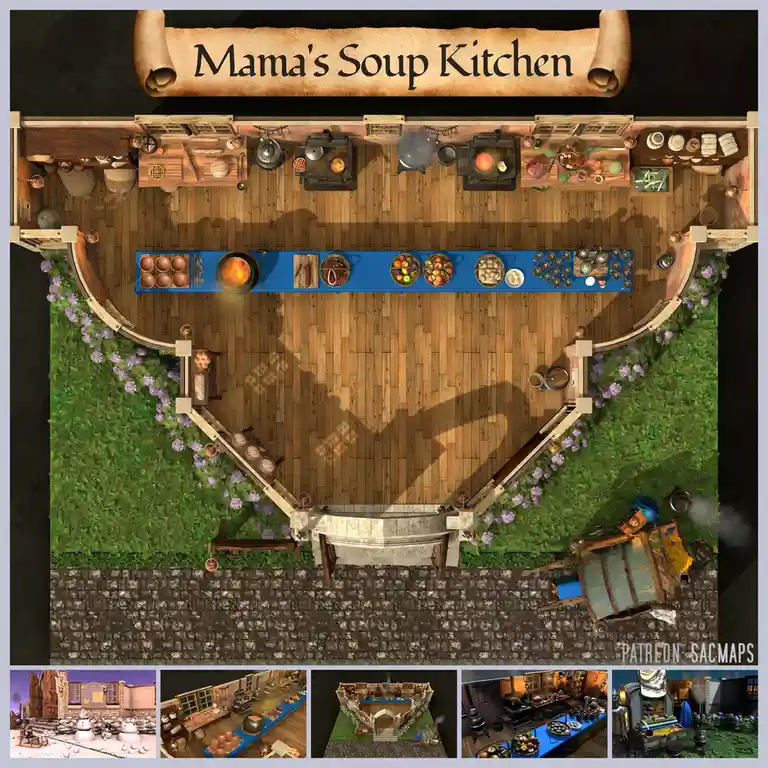 An overhead view of a rustic, medieval-style kitchen labeled 'Mama's Soup Kitchen' on a scroll banner. The room has wooden…