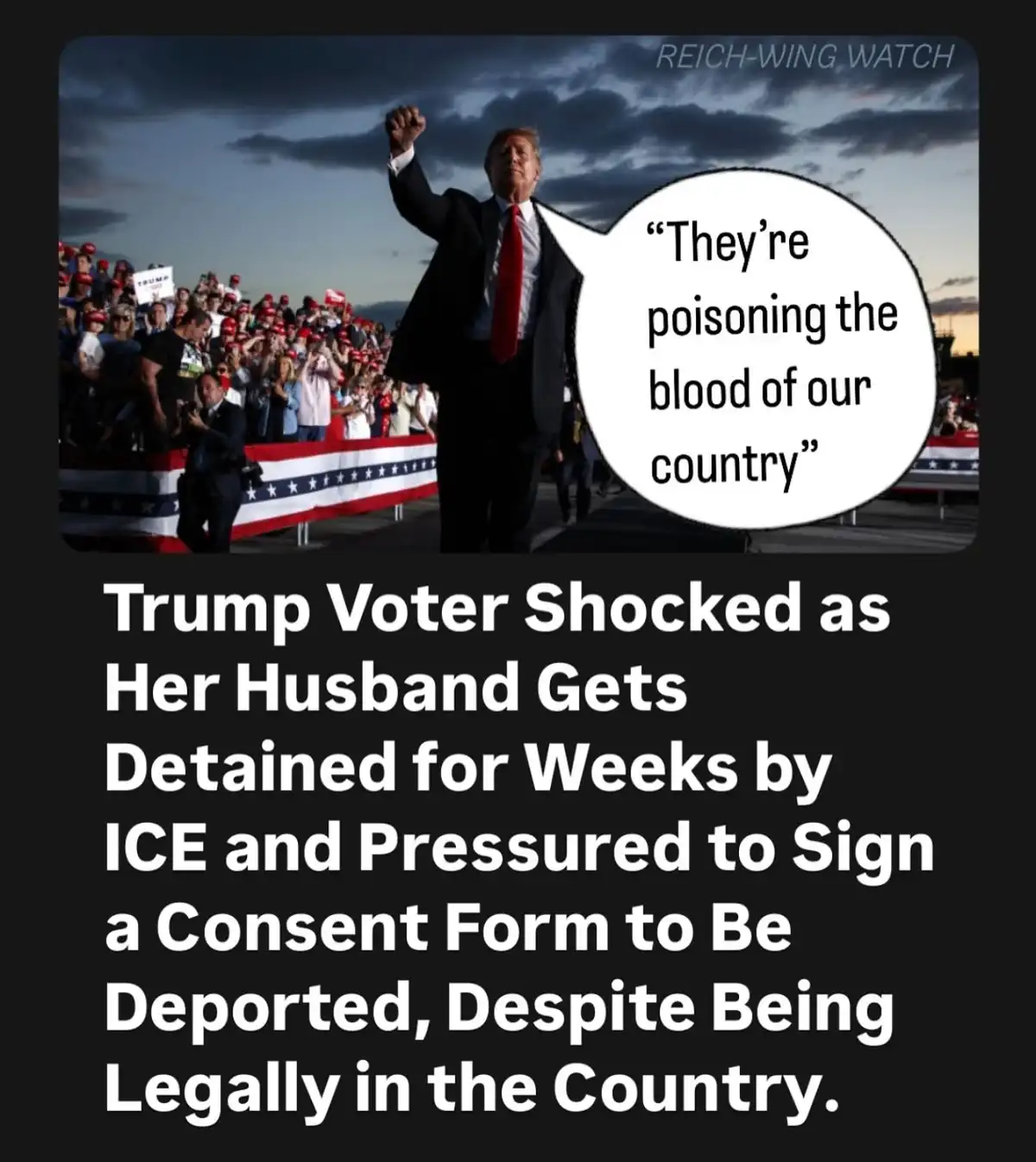 A photo of Donald Trump raising his fist at a rally with a speech bubble saying 'They're poisoning the blood of our…