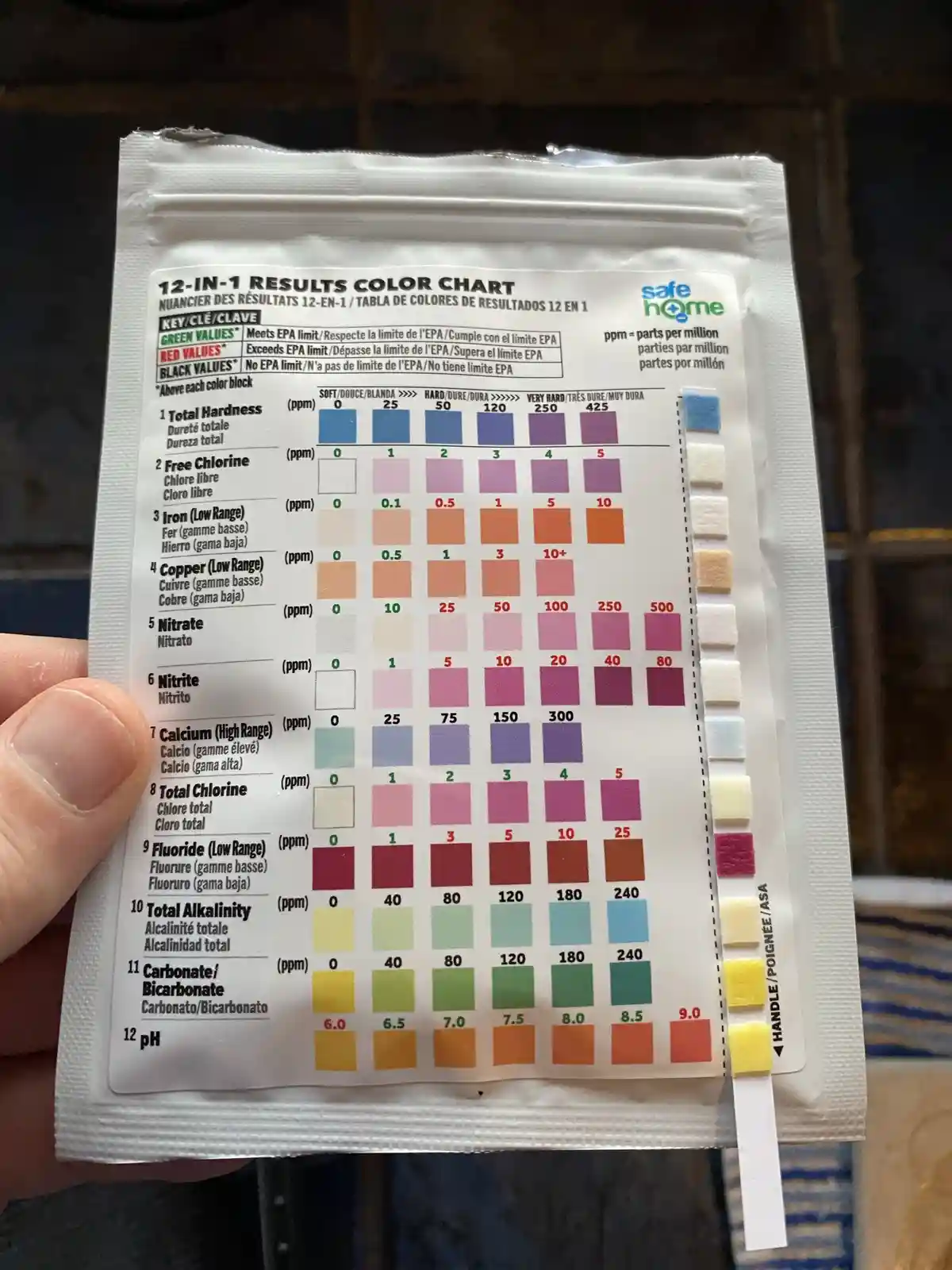 A hand holds a 'safe home' brand 12-in-1 water test kit color chart, showing a grid of color swatches for parameters like…