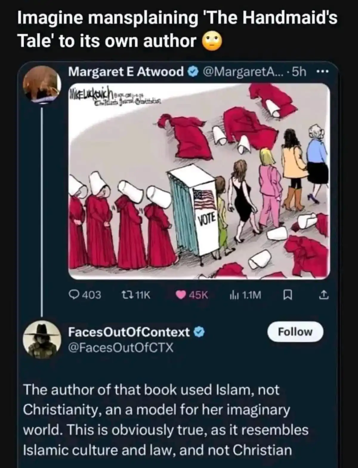 A screenshot of a tweet by 'FacesOutOfContext' showing a cartoon of women in red robes and white hoods standing in line at a…
