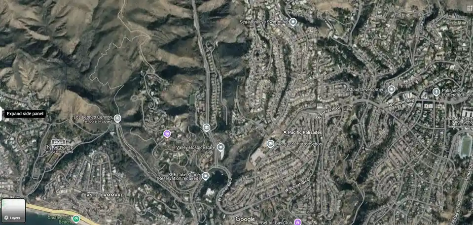 A Google Earth satellite map view of a hilly, suburban area with labeled locations like 'Pacific Palisades' and 'Valley…