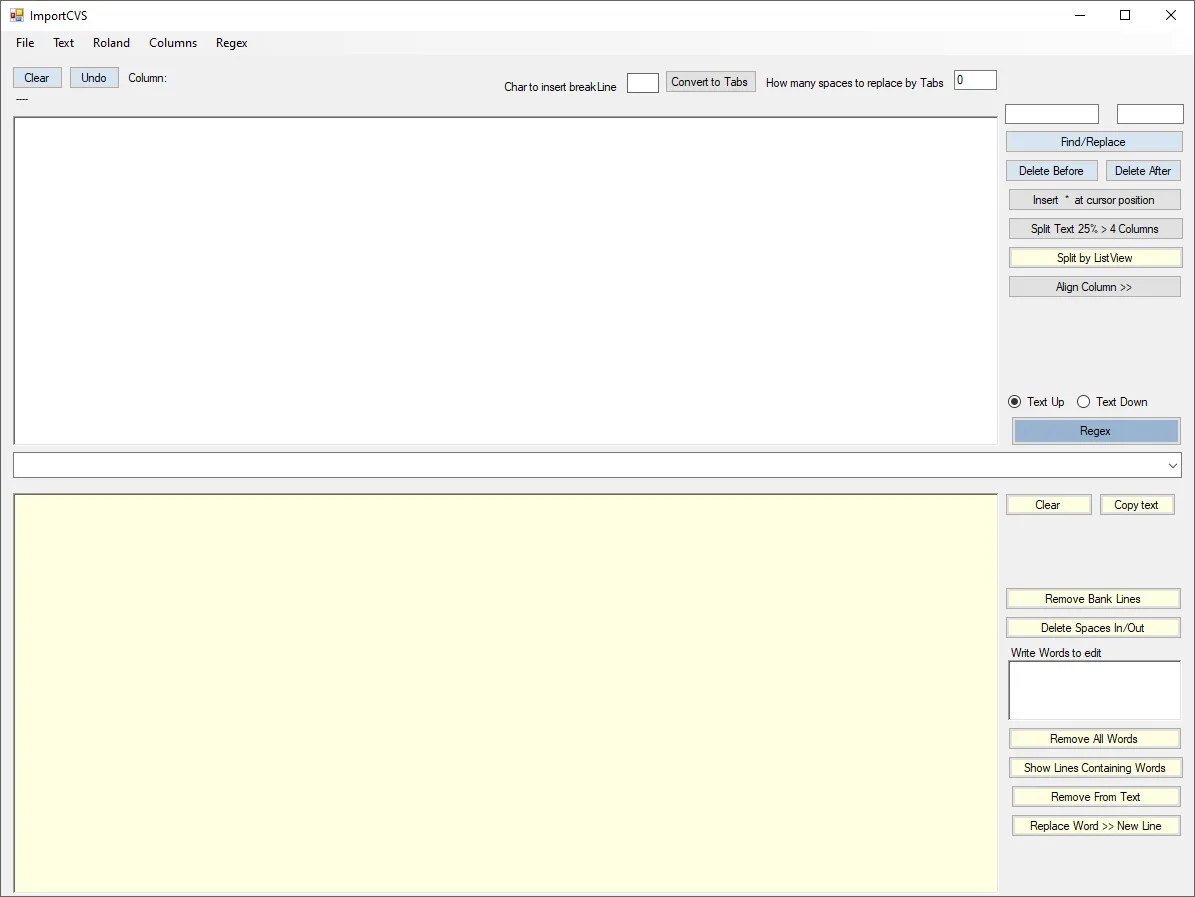A screenshot of a software interface titled 'ImportCVS' with two large text areas and numerous text manipulation buttons…