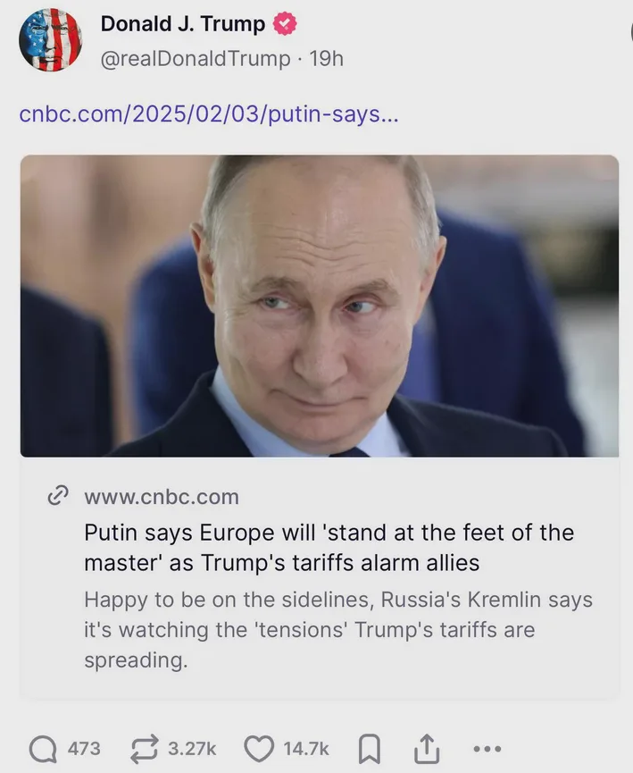 A screenshot of a Twitter post by Donald J. Trump showing a photo of Vladimir Putin with a skeptical or smug expression. The…