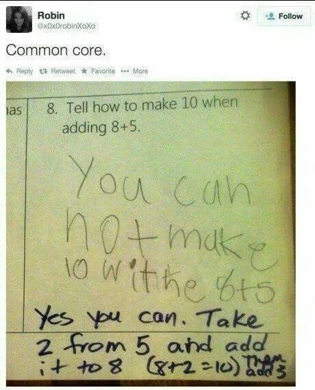 A photo of a child's math homework showing a question asking how to make 10 when adding 8+5. The child's handwritten answer…