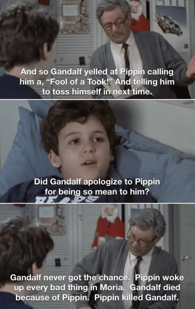 A three-panel meme using scenes from 'The Breakfast Club' where a teacher recounts a fictional story involving Gandalf and…