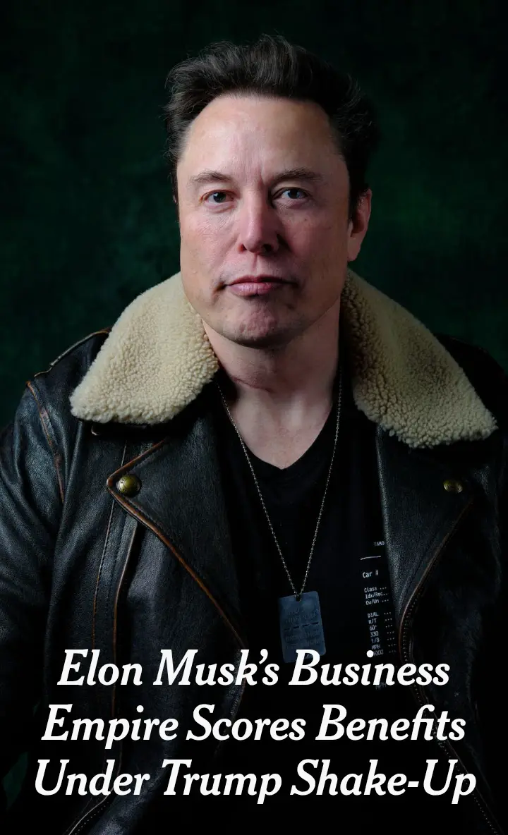 A portrait of Elon Musk wearing a black leather jacket with a cream-colored shearling collar and a dog tag necklace, set…